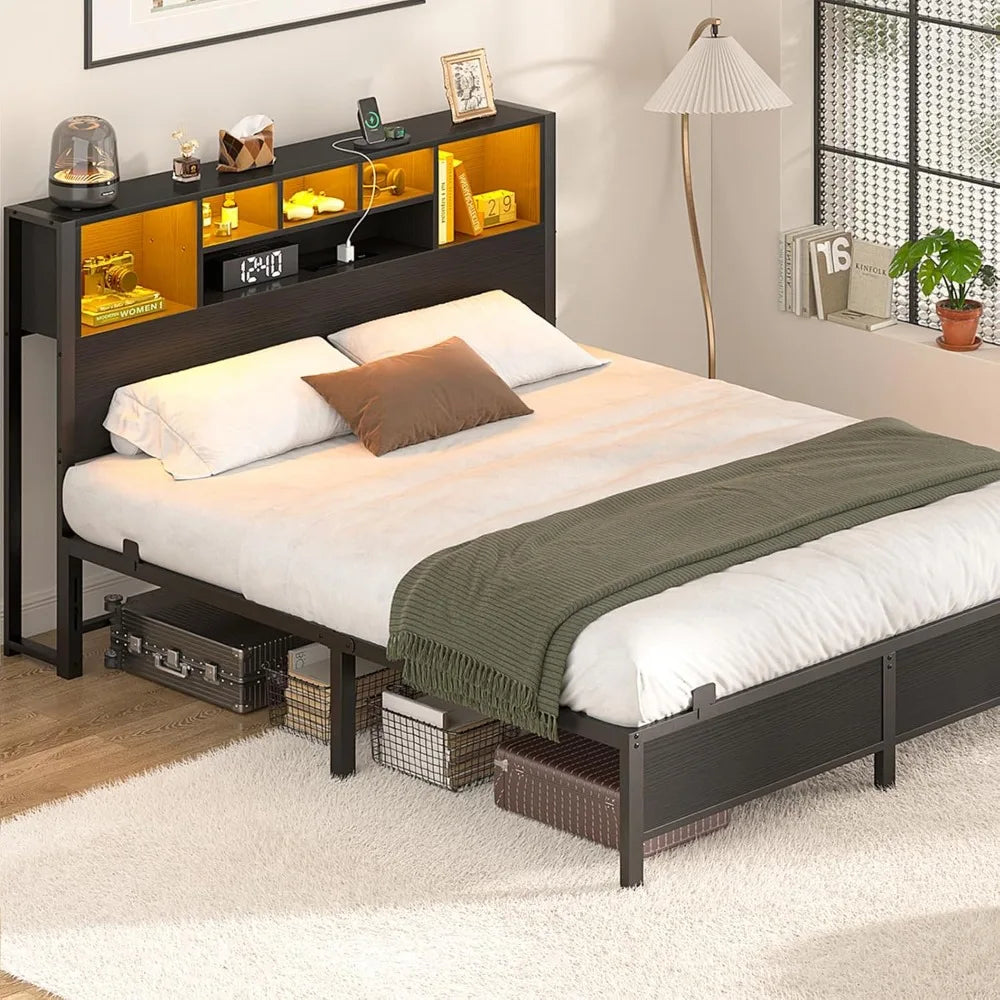 Bed Frame with Bookcase Headboard Metal Platform Bed Frame Full Size with Charging Station and LED Light Heavy Duty Metal Slatsd