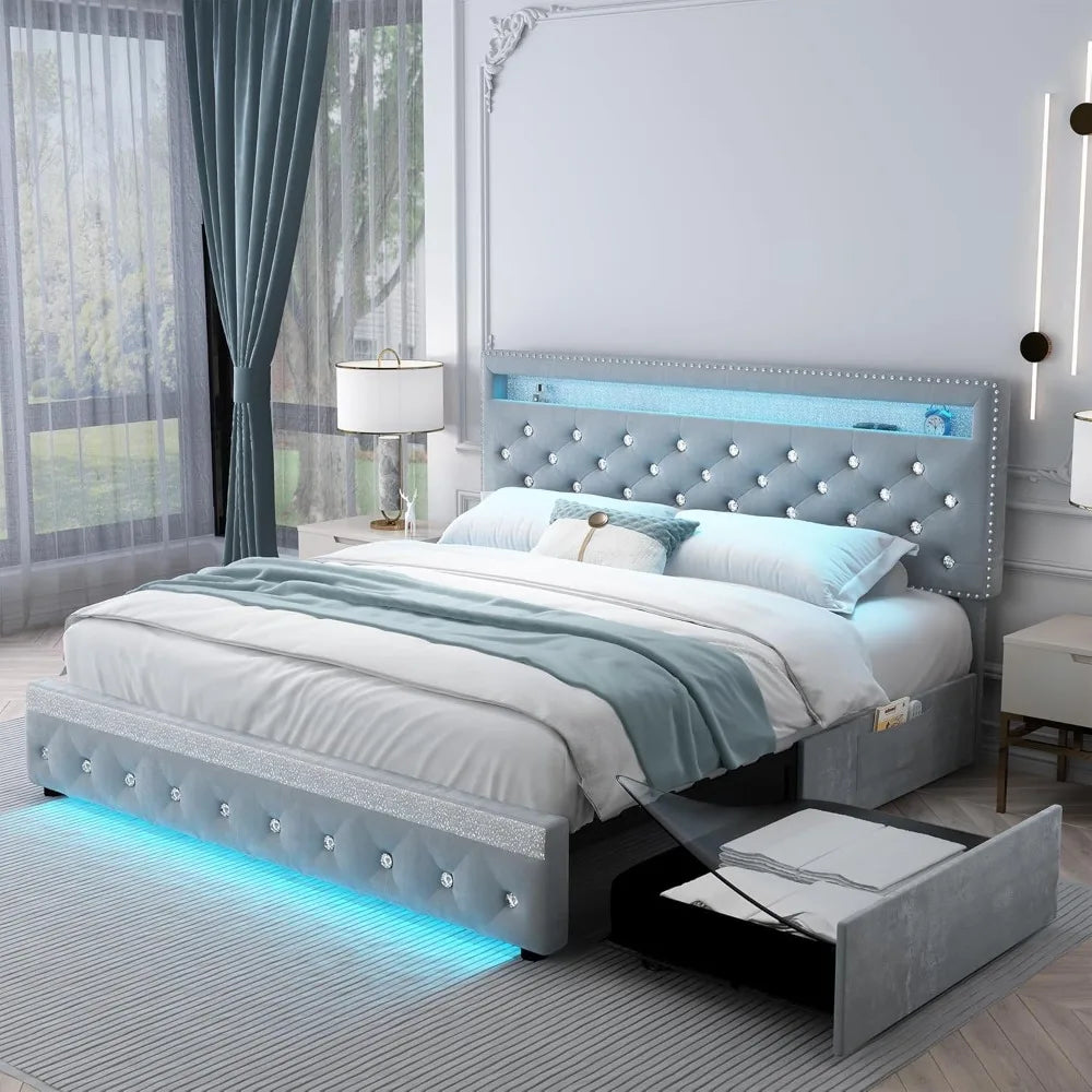 Full Led Bed Frame with 2 Drawers, Platform Bed Frame Full Size with Storage and Adjustable Upholstered Button Tufted Headboard,