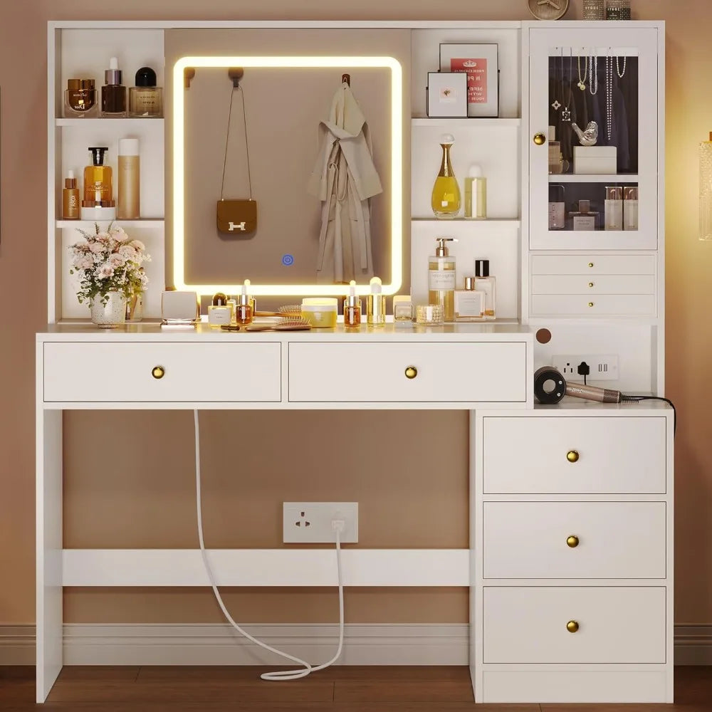 Makeup Vanity Desk with Lights & Sliding Mirror & Power Outlets, Modern Vanity Table with 5 Drawers & Shelves, White Dressing