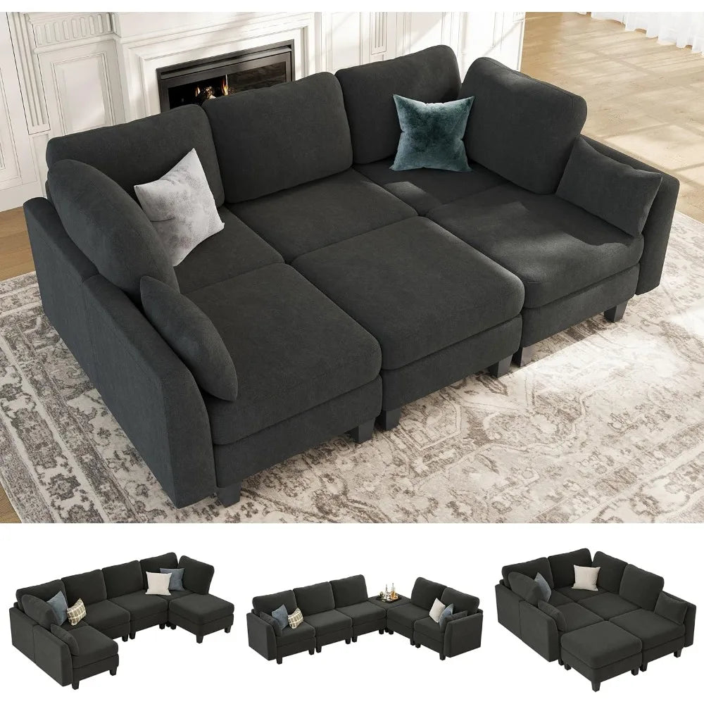 Sectional Sleeper Sofa, 6 Seaters Dark Grey Modular Sleeper Sofa Couch, Comfy Sectionals Couches Bed, Convertible Sofas