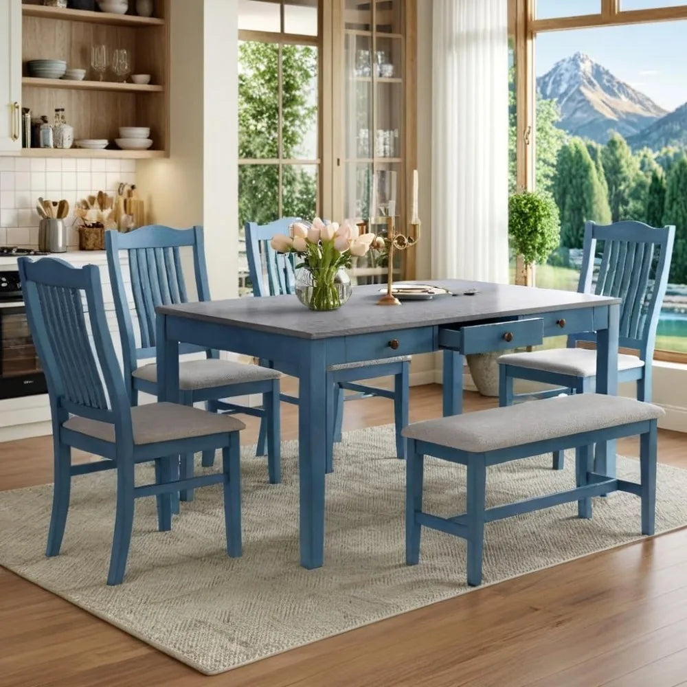 6 Piece Solid Wood Dining Table Set, Farmhouse Kitchen Table Set with 4 Upholstered Chairs, Bench and Storage Drawers, Antique