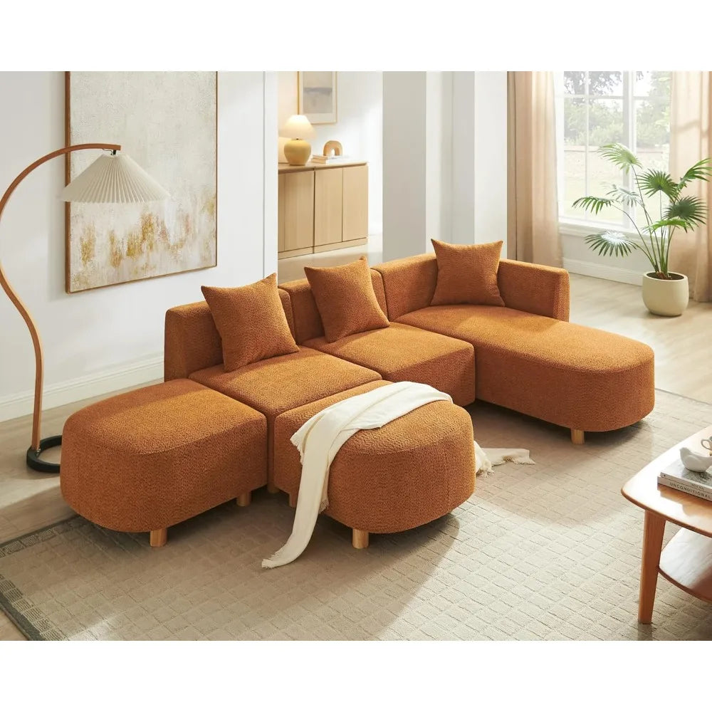 109.84" Modular Sectional: 5-Seat Boucle Cloud Couch with Ottoman, 3 Pillows – Convertible