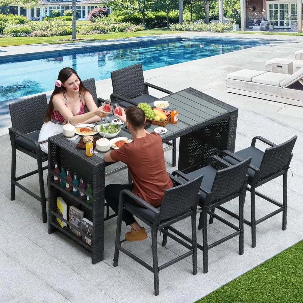 7 Pieces Patio Dining Set, Outdoor Rattan Patio Bar Set, Long Rectangular Counter Height Table with Cushioned Chairs, Modern