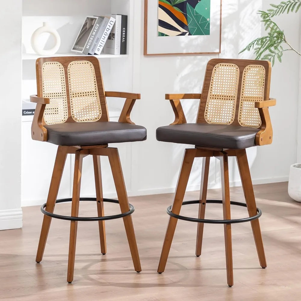 Set of 2 Bar Height Bar Stools - 30 inch Walnut Bar Stools with Cane Back, Upholstered Seat, Curved Arms, Faux Leather, Swivel