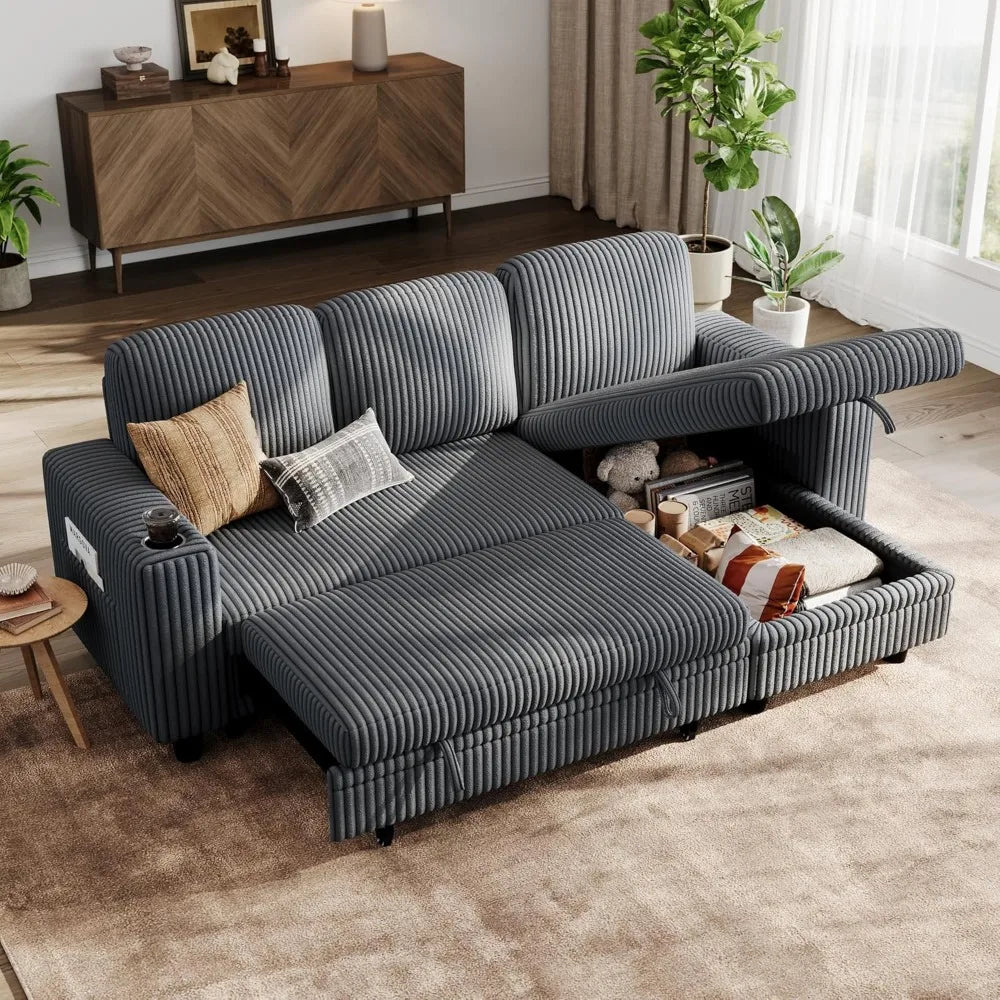 Sectional Sleeper Sofa with Pull Out Couch Bed Convertible Plush Corduroy Cloud Couch with Storage Chaise & USB Charging