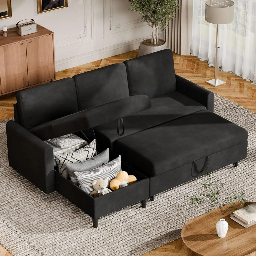 Convertible Sleeper Sofa, Pull Out Couch with Storage, 77" L-Shaped Sofa Bed with Storage Chaise Linen Fabric for Living  Room