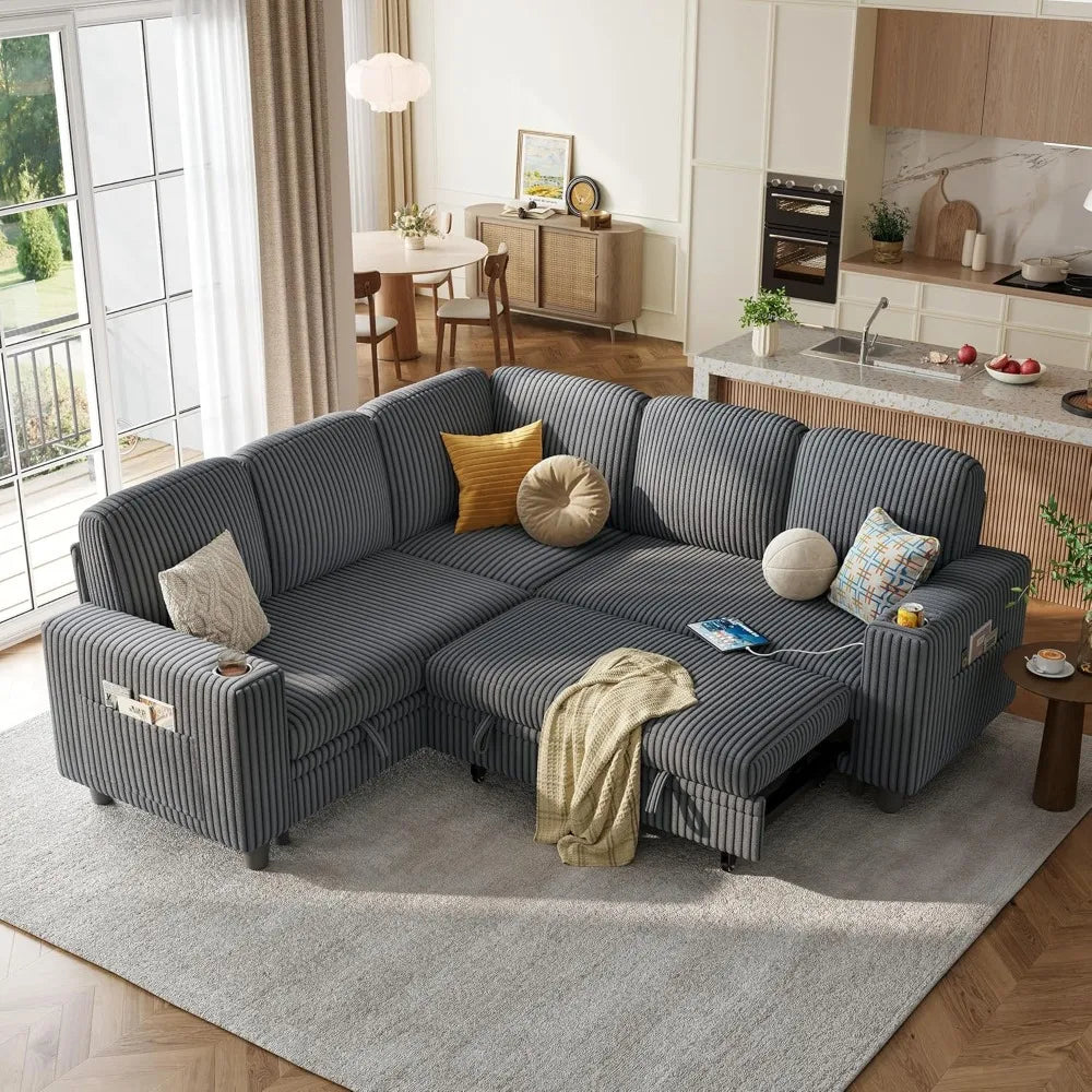 Sectional Sleeper Sofa with Pull Out Couch Bed - Convertible Plush Corduroy Cloud Couch with Storage Chaise & USB Charging