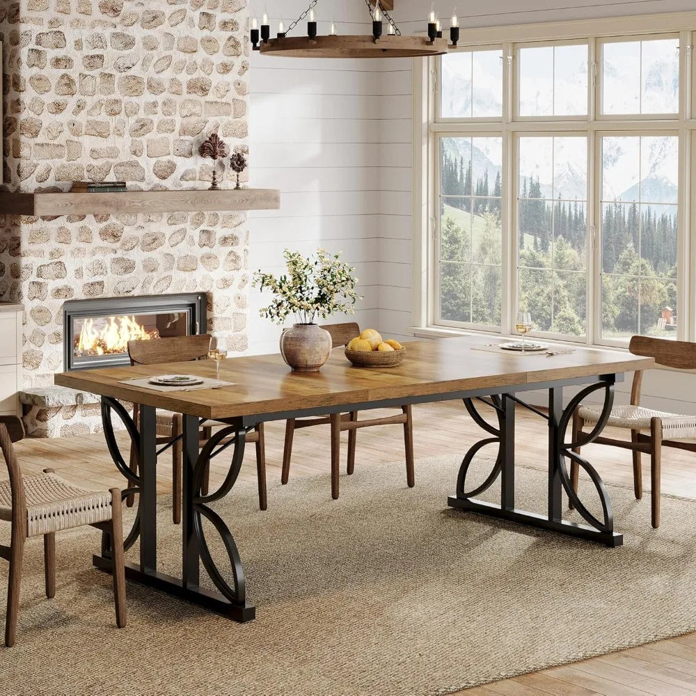 71" Dining Table for 6, Farmhouse Kitchen Dinner Table with Metal Frame, Rectangular Eating Desk, Dining Room Furniture