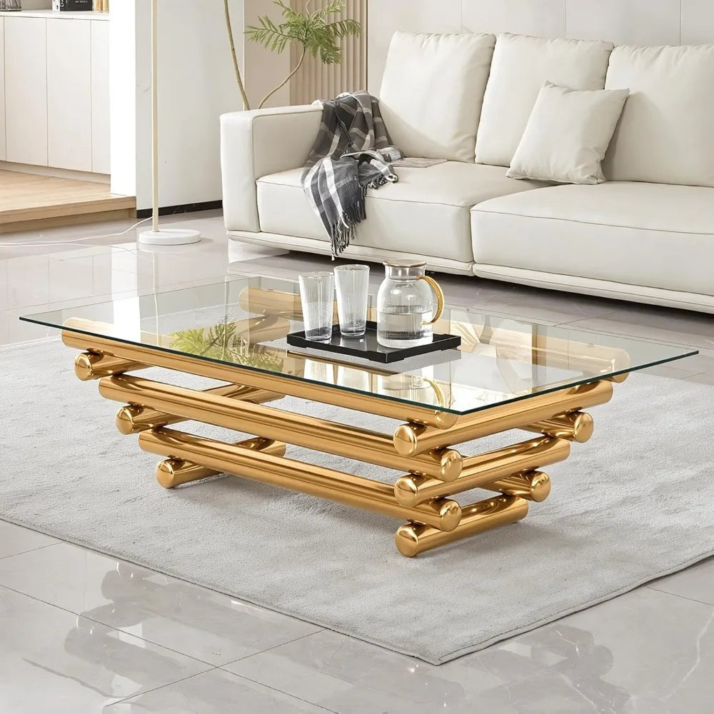 55" Glass Coffee Table, Modern Gold Coffee Tables for Living Room, Rectangular Tempered Glass Top with Stainless Steel Legs