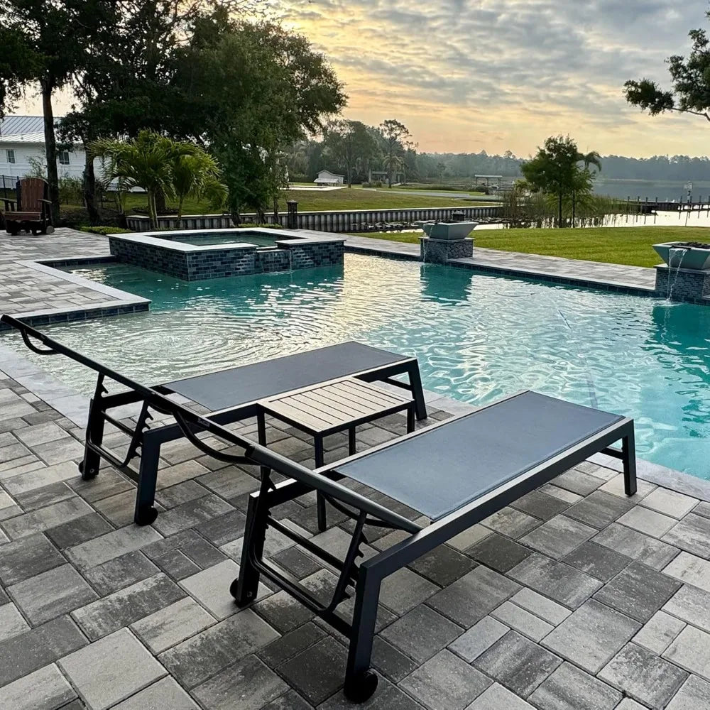 Patio Chaise Lounge Set for 2 Outdoor Chaise Lounger Chair with Aluminum Frame and Easy-to-Move Wheels Pool Lounge Chairs