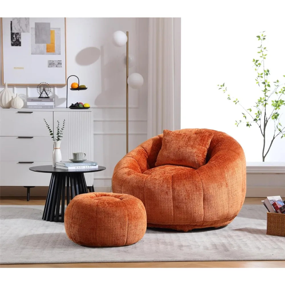 Modern Extra Large Round Bean Bag Chair with Footrest – Stylish Chenille Fabric, High-Density Memory Foam, Ultimate Comfort