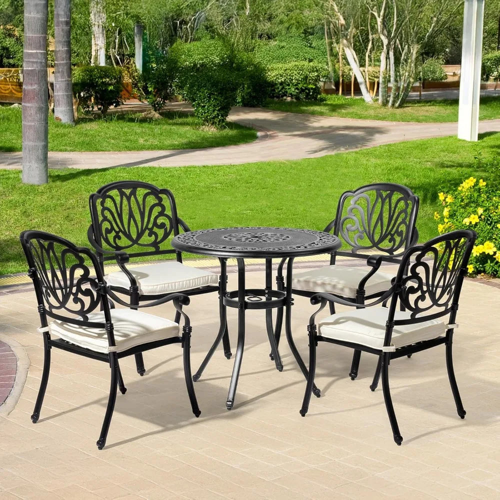 Patio Chairs Set of 4 - Stackable Outdoor Cast Aluminum Dining Chairs with Vintage Black Finish and Floral Pattern, Metal