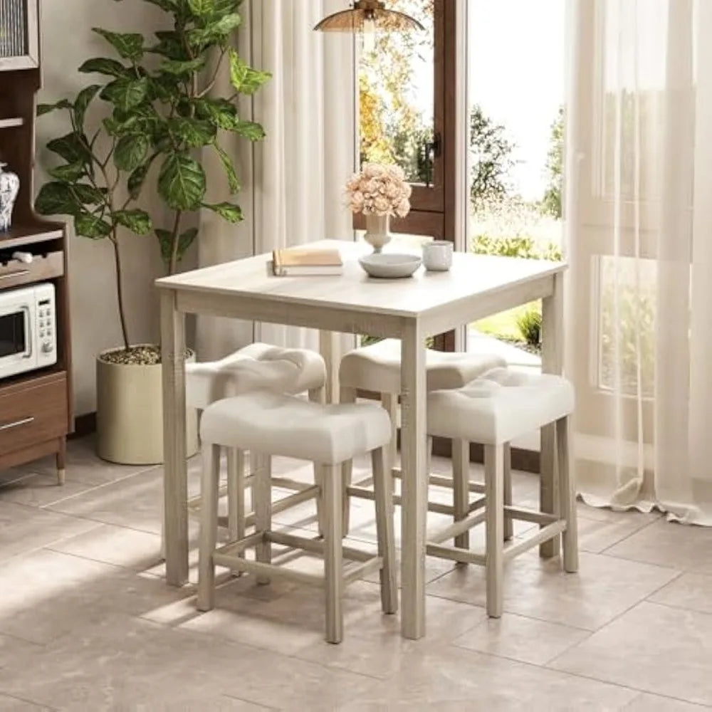 5-Piece Bar Table Set with 35”x35 Square Table, 18”x11 Padded Stools, Rubber Wood Legs, Footrest, Bar Table and Chairs