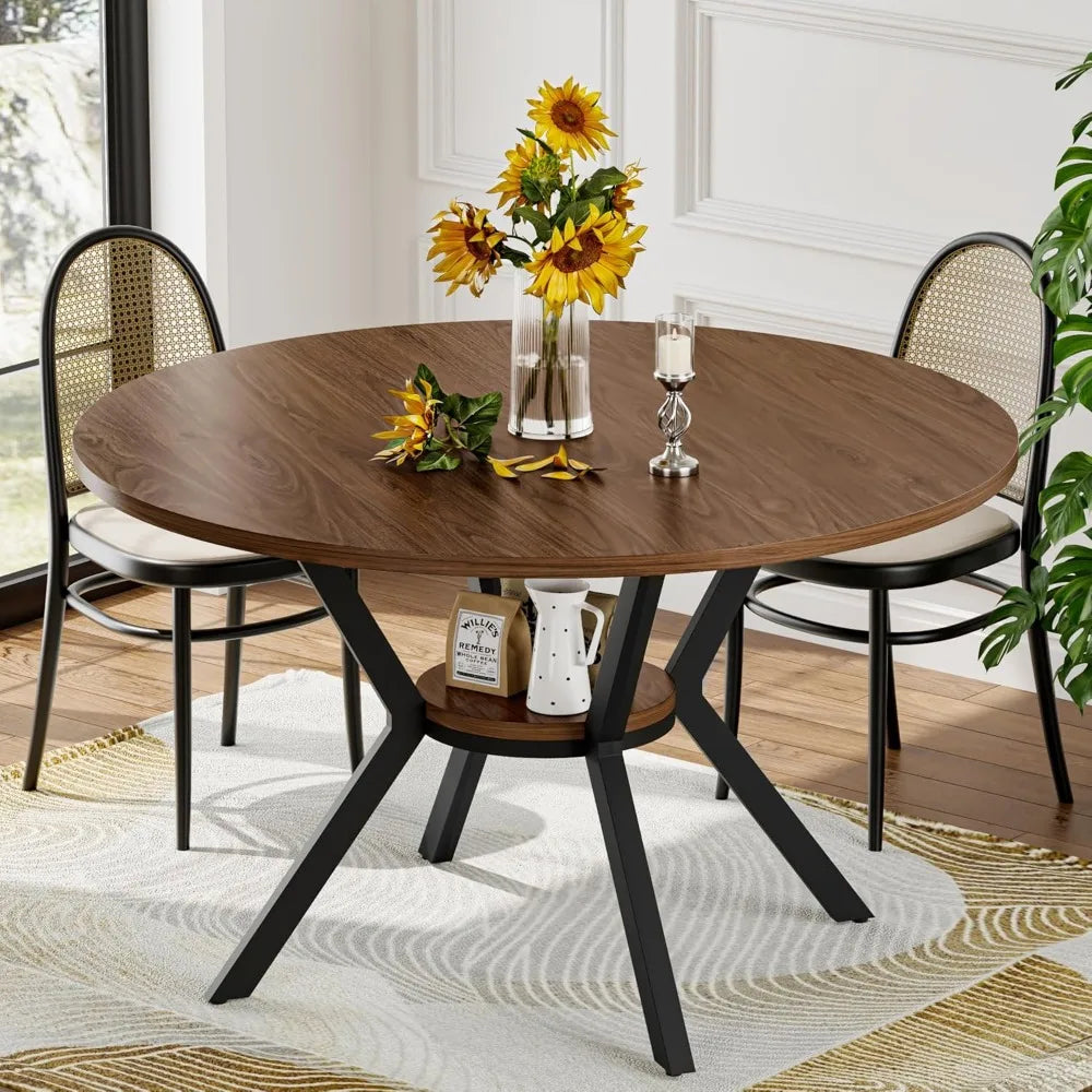 Round Dining Table for 4, 42" Farmhouse Kitchen Table with Storage, Space Saving Circle Dinner Tables, Rustic Kitchen