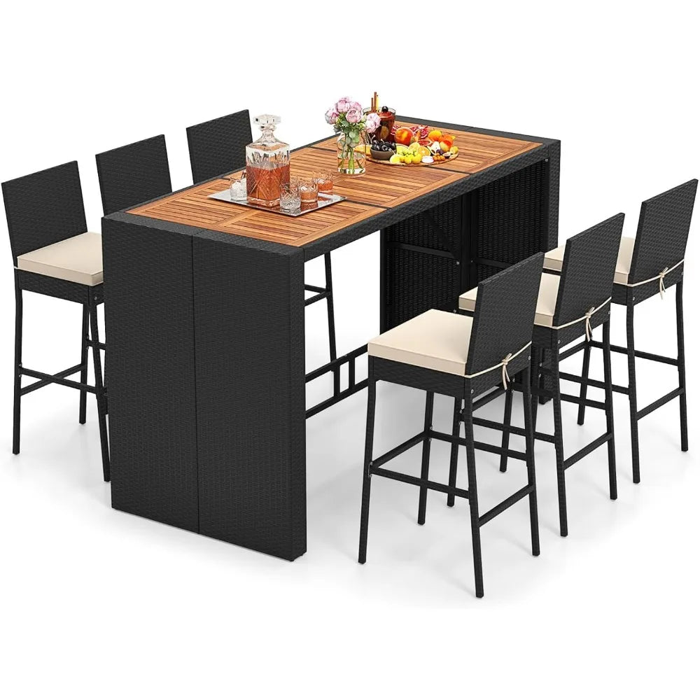 7 Piece Patio Wicker Bar Set,Patiojoy Outdoor Acacia Wood Bar Height Table&6 Rattan Bar Stool Chairs with Backrest and Footrest