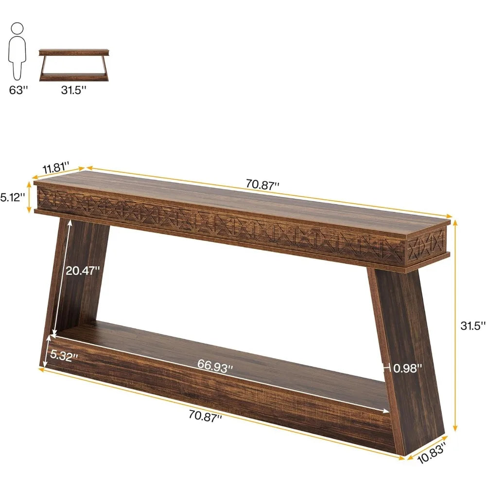 71-Inch Extra Long Console Table, 2-Tier Farmhouse Entryway Table with Bottom Shelf, Narrow Sofa Table Behind Couch, Wooden